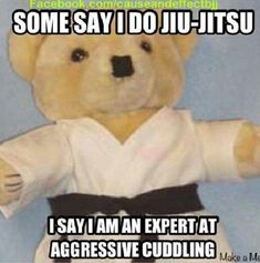 a teddy bear that is wearing a karate outfit and saying, some say i doju - itsu