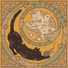 two cats are sleeping on the moon with their tails curled up and stars in the sky