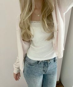 Fit Ideas Coquette, Coquette Cardigan Outfit, Girly Outfit Inspo Aesthetic, Coquette Outfits Summer, Nolan Aesthetic, Innocent Outfit, Summer Coquette Outfits, Casual Pink Outfits, Feminine Ootd