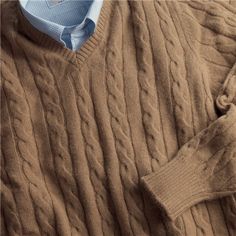 Camelhair Cable Knit V-neck Sweater Tan Cable Knit Sweater Men, Cable Knit Sweaters Men, Classic Long Sleeve Lambswool Sweater, Classic Beige Cable Knit Sweater, Classic Fall Cable Knit Sweater, Classic Cable Knit Sweater For Fall, Casual Long Sleeve Lambswool Sweater, Classic Brown Cable Knit Sweater, Classic Winter Cable Knit Sweater