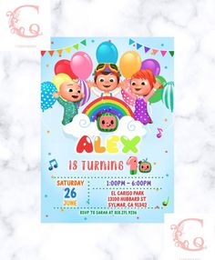 a birthday party with balloons and clowns on the front, including an image of children's faces