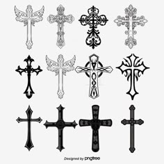 an assortment of different crosses drawn in black and white with the words, designs by pringle