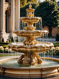 a golden fountain with water spouting from it's sides