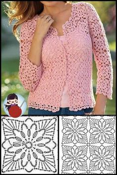 a woman wearing a pink sweater with lacy laces on it and the pattern is crocheted