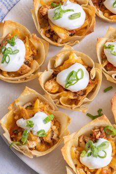 small appetizers with meat, cheese and green onions on a white platter