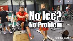 two men in a gym doing squats with the words no ice? no problem