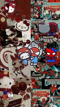 many different pictures of hello kitty and spiderman stickers on the side of a wall