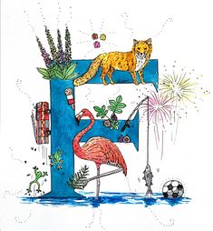 a drawing of a flamingo and a cat on top of a letter with fireworks in the background