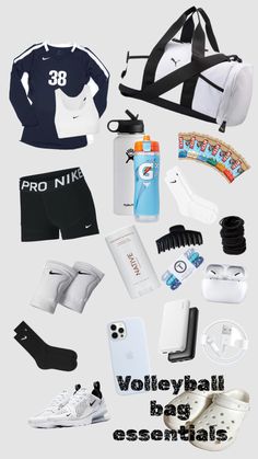 various items are arranged in the shape of a collage with text that reads volleyball bag essentials