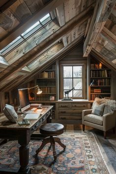 an attic office with wooden walls and ceilings