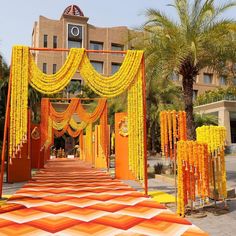 Dreamy Haldi Entrance Decor Haldi Entrance Decor, Haldi Entrance, Marigold Wedding Decoration, Marigold Wedding, Haldi Function, Flower Garland Wedding