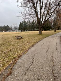 an empty park bench sitting on the side of a road next to a grassy field