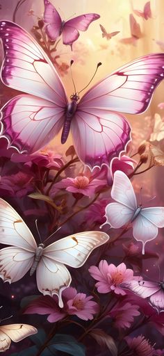 butterflies flying over pink flowers in the sky