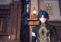 an anime character standing in front of a building with a lantern on it's side