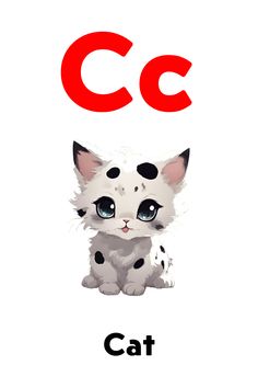 a white cat with black spots sitting in front of a red letter c on a white background