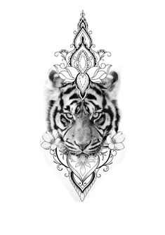 a black and white drawing of a tiger's face with ornate ornaments around it