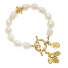 Gold Susan Shaw, Bee Bracelet, Dangle Bracelet, Gold Bee, Coin Pearls, Freshwater Pearl Bracelet, Bee Charms, Toggle Bracelet, Elegant Bracelet