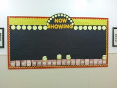 a bulletin board with the words now showing on it