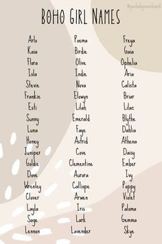 Boho chic earthy unique girl names for your little wildflower 🌻 #girlnames #babynames #boho #bohonames #earthy #uniquenames #unique #chic #travel #adventure #camping #spring #outdoors #nature #pregnant #expecting #girlmom #popular #explore #fashion #cooking #diy #names #nameideas #girlmom #newmom #babyshower #photography #nursery #girlnursery #bohonursery Nature Names Girl, Cottage Core Names, Wildflower Names, Spring Names, Boho Girl Names, Earthy Names, Boho Baby Names, Earthy Girl Names, Boho Names