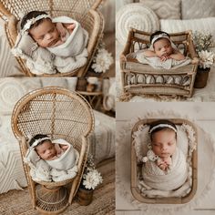 a collage of photos of a baby in a wicker chair with white flowers