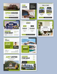 a set of four real estate postcards with green and white designs on the front