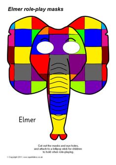 an elephant mask made out of squares with the words elmer role play masks on it