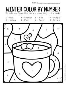 the color by number page for winter is shown with a cup and heart on it