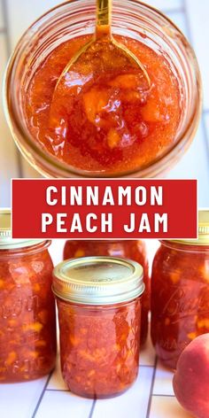 there is a jar with peach jam in it and the jars have peaches on them