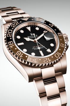 The new Rolex GMT-Master II in 18ct Everose gold with a 24-hour rotatable brown and black Cerachrom bezel insert, black dial and Oyster bracelet. Collection Illustration, Rolex Men, Vintage Rolex, Seiko Watches