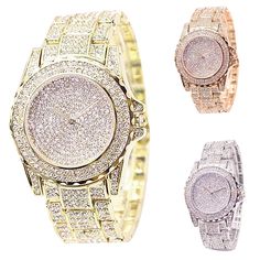 Luxurious High Quality Full of Rhinestone Clock Dial Bracelets For Women Shiny Crystal Gold Plated Diamond Watches Women, Gold Diamond Watches, Rhinestone Watches, Womens Watches Luxury, Luxury Diamonds, Mesh Bracelet, Watches Women Fashion, Women Diamond, Rose Gold Watch