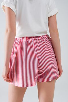 Length: Short. Subcategory: Shorts. Print: Stripe design. Fit: Relaxed fit. Leg: Straight. Style: Daily. Fabric: Lightweight woven fabric . Pockets: Side pockets . Waist: Elastic waist. runs true to size. S. 100% Polyester Cheap Red Shorts With Elastic Waistband, Striped Beach Shorts With Elastic Waistband, Red Shorts With Elastic Waistband, Striped High-waisted Cotton Shorts, Red High-waisted Shorts With Elastic Waistband, Playful Red Cotton Shorts, The Color Red, Skirt Jumpsuit, Scarf Headband