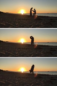 two people standing on top of a beach next to the ocean at sun set in silhouette