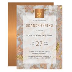 the grand opening card is shown in gold and white marble