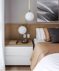 a bedroom with a bed, nightstand and two lamps on each side of the headboard