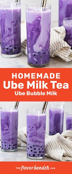 homemade ube milk tea recipe with blueberries in the middle and on the bottom