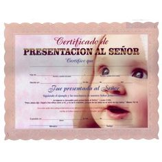 a certificate with a baby's face in the center and words written on it