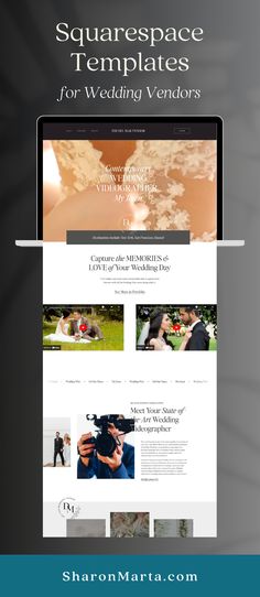 the wedding website is displayed on an ipad and laptop screen, with text that reads squarespace templates for wedding vendors