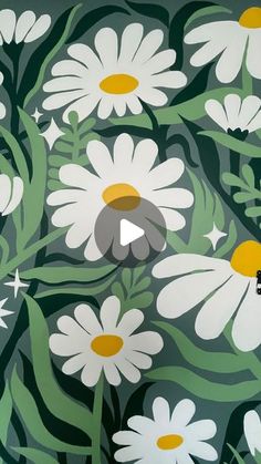 an image of daisies on a wall with green leaves and white flowers in the background