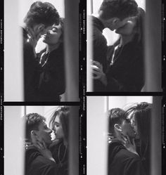 four different shots of a man kissing a woman