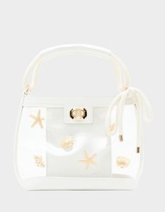 SEAS THE DAY BUCKET BAG WHITE - HANDBAGS - Betsey Johnson Betsy Johnson Purses, Christmas Boots, Seas The Day, Satchel Backpack, Fashion Moodboard, Shell Design, White Beach, Clear Bag, Mood Board Fashion