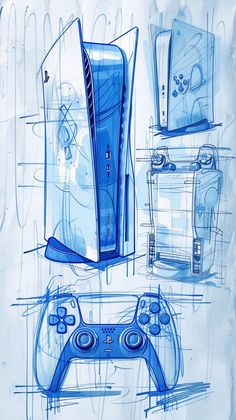 an image of a blueprinted video game concept art work with controllers and accessories