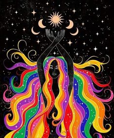 a drawing of a woman with long hair and stars in the sky above her head