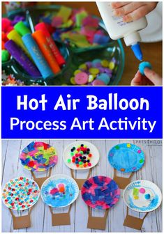 hot air balloon process art activity for kids to do with paper plates and crayons