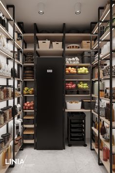 an open pantry filled with lots of food and drinks on shelving units next to each other