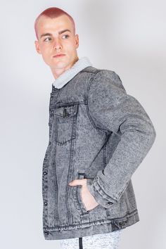 A staple jacket that always stays fresh, get into this Black Stone Wash Denim Sherpa Jacket. The light stone wash makes this piece perfect to wear with anything in your closet. Dress it up or down. Details include sherpa lining, sherpa collar, full metal button front, open side pockets, sits at the waist and modern fit. Style: BKM5185F Content + Care 100% Cotton Machine Wash Cold Imported Size + Fit Model is 6'0 and wearing size Medium Measurements are taken from size Medium Denim Sherpa Jacket, Cloth Shop, Sherpa Denim Jacket, Full Metal, Sherpa Jacket, Warm Jacket, Black Stone, Fit Style, Metal Buttons