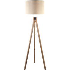 a wooden tripod floor lamp with a white shade