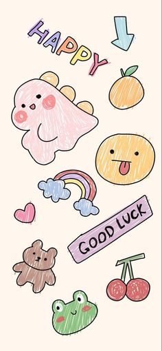 an image of happy good luck written on the back of a card with doodles