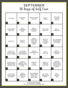 Self Care Monthly Calendar, 30 Day September Challenge, September Self Care Calendar, September Self Care Challenge, September Goals List, September Checklist, September Self Care, Self Care September