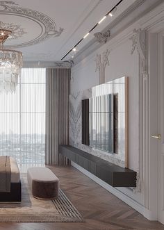 an elegant bedroom with chandelier, mirror and bench in the middle of the room