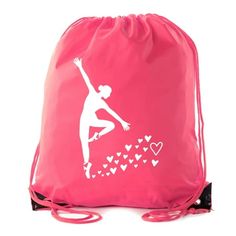 a pink drawsack bag with a white silhouette of a girl on the front and hearts in the back